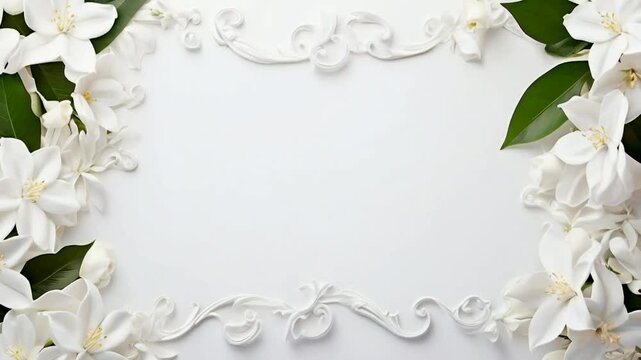 A decorative white frame with floral accents, ideal for invitations or announcements.