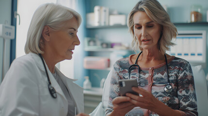 Caring doctor teaches female patient to use mobile healthcare app. Retired lady sitting in hospital exam room looking at cell screen learning to download health tracker for senior