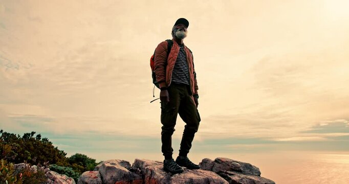 View, hiking and senior man with nature, explore and adventure with wellness, retirement and activity. Outdoor, hiker and black person with journey, environment or recreation with space and travel