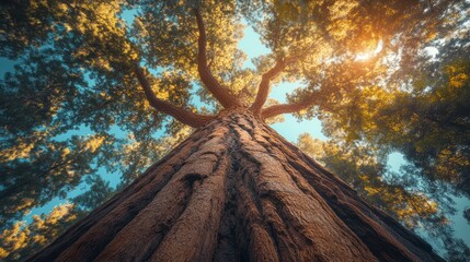 Low angle photo of giant tree, National Geographic photography style with blue sky background.