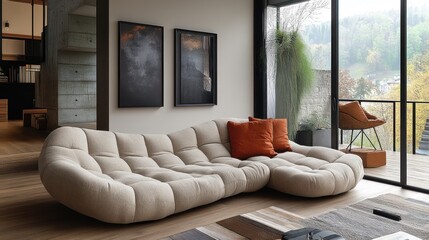 Cozy living room with modern sofa and serene outdoor view.