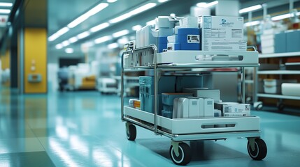An image of a hospital cart loaded with medical supplies, ready to be used in various hospital departments.