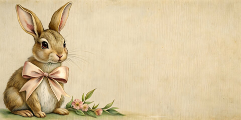 Obraz premium Vintage drawing of Easter rabbit with bow, Easter, rabbit, bunny, vintage, drawing, style, holiday, celebration, cute
