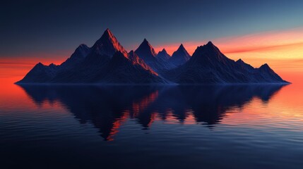 3D render of surreal landscape with sharp mountain peaks, reflections on a calm water surface, dark blue sky, and warm orange lighting. Digital art style.