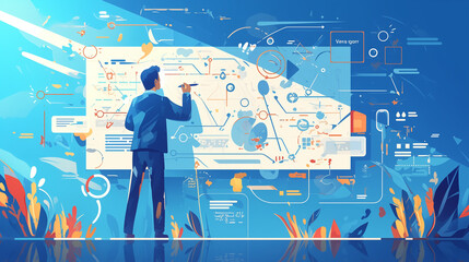 A person drawing on a giant whiteboard filled with diagrams and ideas. Creative process, innovation, brainstorm. Ideal for content related to idea generation, idea generation, problem-solving concept.