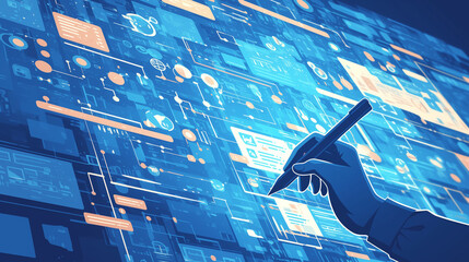 A person drawing on a giant whiteboard filled with diagrams and ideas. Creative process, innovation, brainstorm. Ideal for content related to idea generation, idea generation, problem-solving concept.