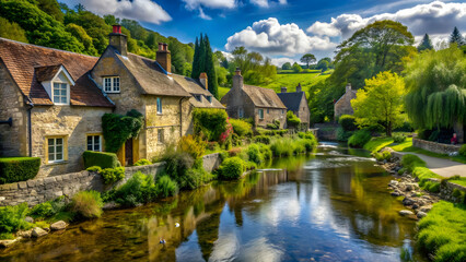 Obraz premium A picturesque rural village scene with small houses, trees, and a river running through it , rural, village, small houses