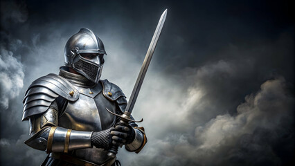 Naklejka premium Knight in shining armor holding a sword on isolated background, knight, armor, sword, medieval, warrior, historical, fantasy