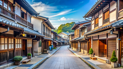 Fototapeta premium Traditional streetscape photo of Matsuyama City, Ehime Prefecture with historic buildings
