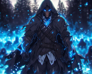 Fototapeta premium skeletal warrior with glowing blue eyes, clad in a tattered cloak, stands surrounded by ghostly energy in a shadowed forest at twilight