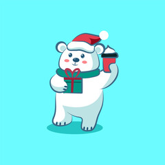 cute cartoon character christmas bear bring a gift vector with tree vector