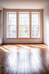 Sunny corner of a blank room featuring large windows with wooden floors in a cozy urban apartment during daylight