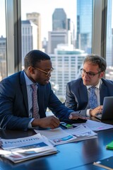 A mentor advising a young politician on public policy strategies, with policy documents, laptops, and a cityscape visible in the background.