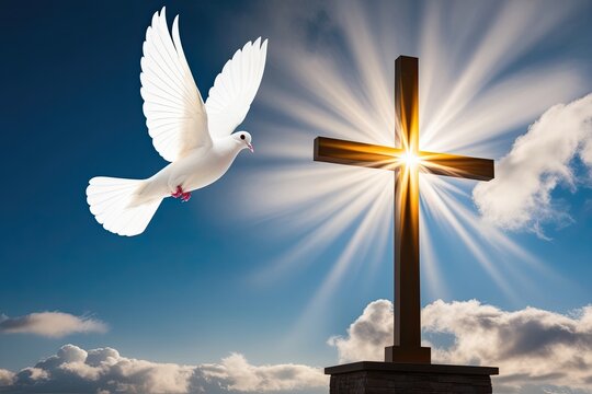 Majestic White Dove Soaring Near Shining Cross in Serene Clouds for Whit Monday