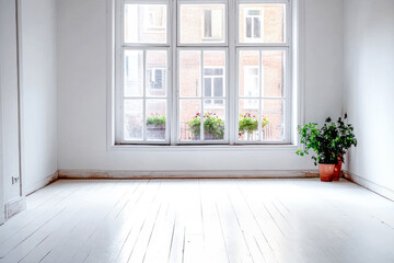 Fototapeta premium Bright and airy empty room with large windows and a potted plant, inviting natural light and charm in a minimalist style