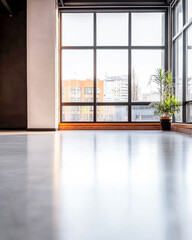 Fototapeta premium Bright and spacious studio with a large window and potted plant offering a serene view of the city skyline in the afternoon light