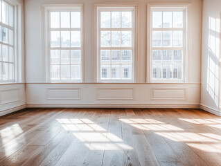 Fototapeta premium Bright and airy empty room with wooden flooring and large windows inviting natural light in during the daytime
