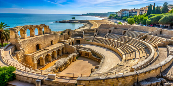 Roman amphitheater in Tarragona, Catalonia, Spain with ancient ruins and stone arches surrounded by cityscape
