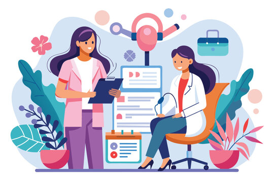 A healthcare provider and a patient discuss medical information during a gynecology consultation in a vibrant and welcoming office.