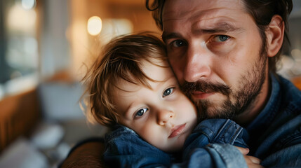 Close-up of father cudddling his little son