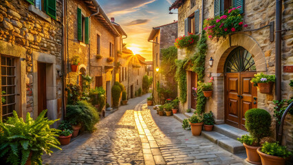 Fototapeta premium Italian-inspired village with charming streets bathed in golden hour light, perfect for a romantic stroll, Italy