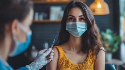 Health care, corona virus, hand of woman nurse, doctor giving syringe vaccine, injection dose on arm sick patient at clinic. Vaccination, immunization disease prevention against flu pandemic influenza
