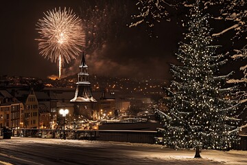 Naklejka premium firework on the night sky from city garden with tree