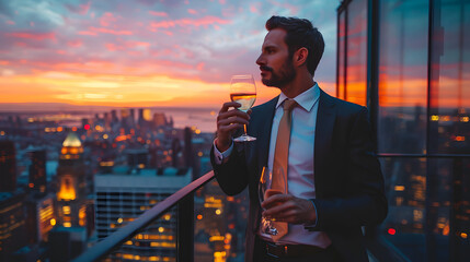 Concept photo of rich people luxury life. Adult successful elegant businessman wearing suit and drinking wine on the rooftop in luxury penthouse in New York City