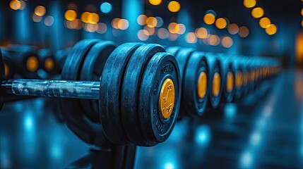 rows of metal dumbbells on rack for strength training in gym