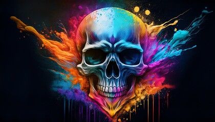 A vibrant, artistic depiction of a skull surrounded by colorful splashes of paint, creating a striking contrast against a dark background.