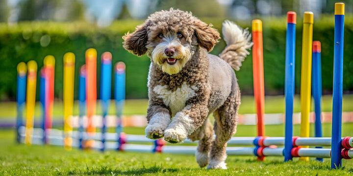 Spanish Water Dog expertly navigating a slalom obstacle on a dog agility course, dog, agility, course