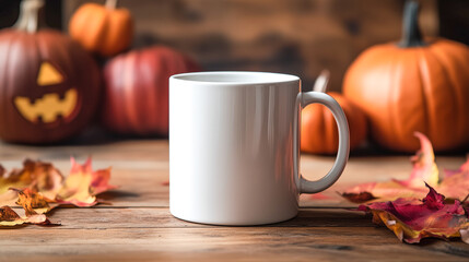 A white mug on a wooden tabletop with a background of halloween pumpkins.