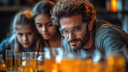 science students with teacher doing chemical experiment in the laboratory at university