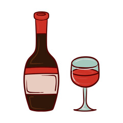 Bottle and a glass of wine. Alcohol, grapes, red dry, semi sweet, liquor, beverage, drink, mulled wine, berry, french, italian, celebration. Vector illustration