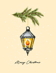 Greeting card Merry Christmas with lantern, warm glow and pine branches hanging for celebration