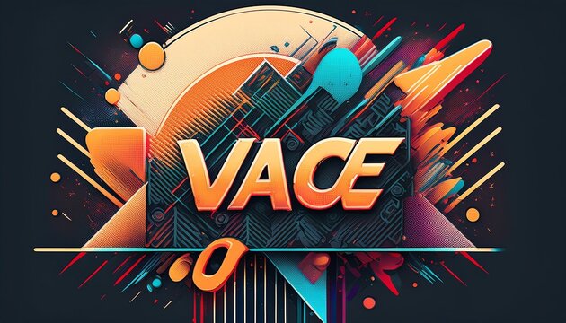 A vibrant graphic design featuring the word "VACE," surrounded by colorful abstract shapes and patterns against a dark background.
