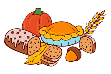Thanksgiving food illustration. Pie, pumpkin, bread, autumn harvest, festive meal, family gathering, holiday tradition, cozy feast, gratitude celebration.
