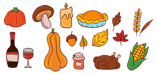 Thanksgiving food symbols icon. Pumpkin, pie, turkey, corn, fall-themed items, family gathering, festive holiday meal, autumn harvest, cozy celebration.