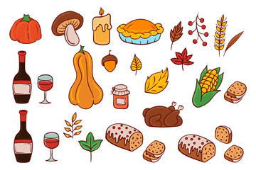 Thanksgiving food elements icon. Pumpkin, pie, turkey, wine, autumn leaves, bread, corn, festive symbols, family gathering, holiday feast, cozy celebration.