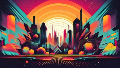 Obraz premium A vibrant, futuristic cityscape with colorful geometrical shapes, tall buildings, and a mesmerizing sunset gradient.