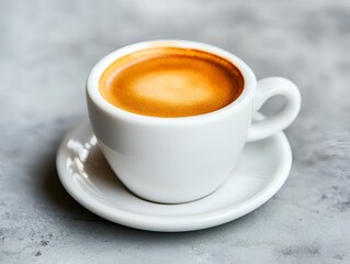 Fototapeta premium Freshly Brewed Espresso in White Cup on Rustic Surface - Aromatic Morning Coffee Close-Up.