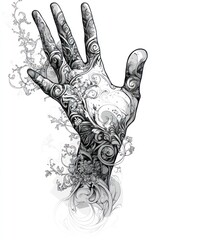 A hand with intricate, swirling floral designs covering it, symbolizing the beauty and interconnectedness of nature.