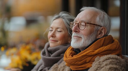 senior couple meditating together in their living room during cold autumn day