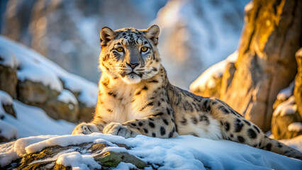 Fototapeta premium Majestic snow leopard basking in the winter sun on rocky snow-covered terrain, snow leopard, majestic, winter, snowy rocks