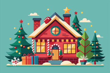 A charming house adorned with colorful Christmas decorations, featuring trees and festive gifts, creating a joyful winter atmosphere.