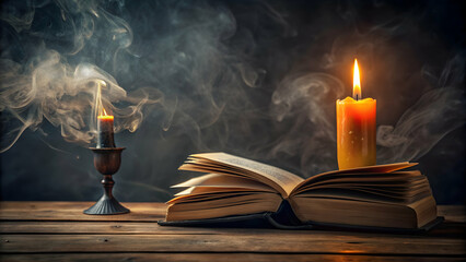 Spooky Halloween book with candle on dark background, Halloween, spooky, book, death, mystery, candle, dark, spooky, eerie, scary