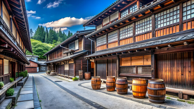 Historic sake brewery in Takayama with traditional wooden buildings and sake barrels, Takayama, Japan, historic