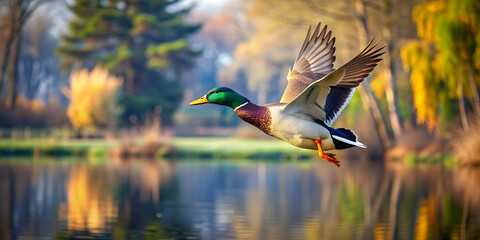 Fototapeta premium A majestic duck in full flight over a tranquil lake, duck, flight, wings, water, feathers, nature, bird, flying, wildlife