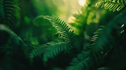 Close-Up of Lush Green Fern Leaves in Sunlight, Nature Background with Soft Focus and Bokeh Effect