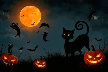Fototapeta premium Mysterious Black Cat Walking in Vibrant Forest Under Moonlight